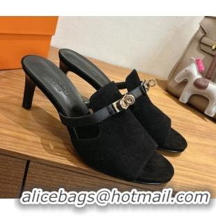 New Design Hermes Kelly Strap Medium Heel Slides Sandal in Suede Black HS122201 2026