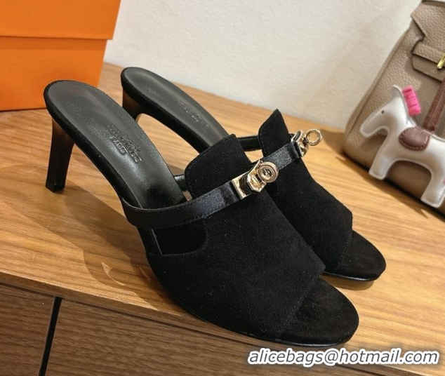 New Design Hermes Kelly Strap Medium Heel Slides Sandal in Suede Black HS122201 2026