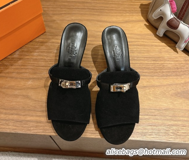 New Design Hermes Kelly Strap Medium Heel Slides Sandal in Suede Black HS122201 2026