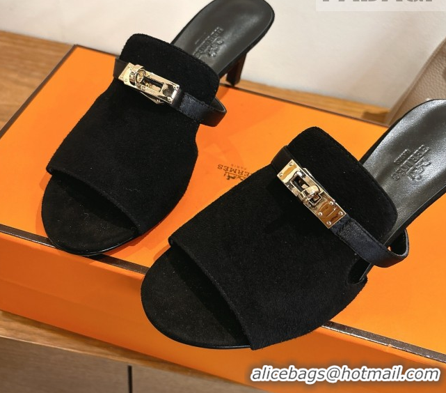 New Design Hermes Kelly Strap Medium Heel Slides Sandal in Suede Black HS122201 2026