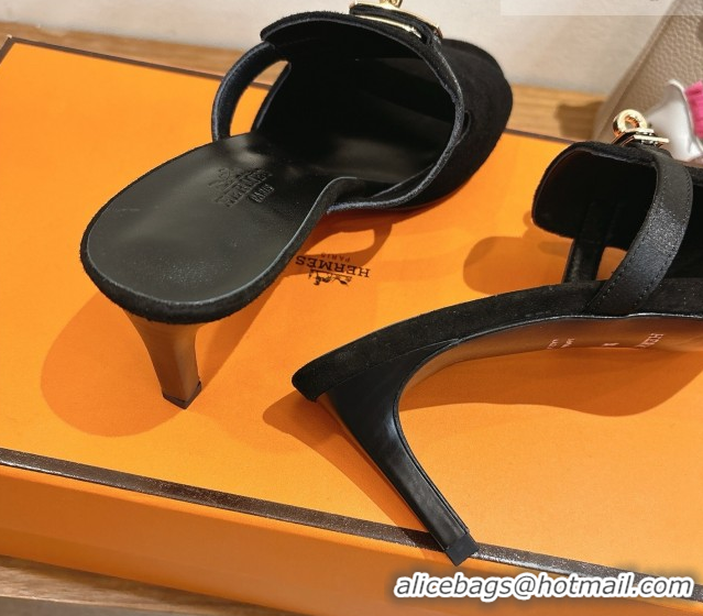 New Design Hermes Kelly Strap Medium Heel Slides Sandal in Suede Black HS122201 2026