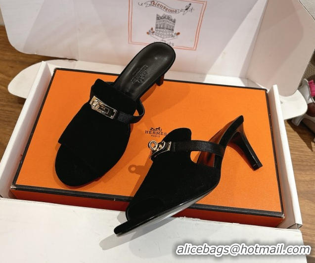 New Design Hermes Kelly Strap Medium Heel Slides Sandal in Suede Black HS122201 2026