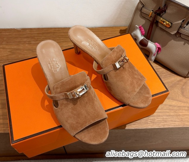 Buy Duplicate Hermes Kelly Strap Medium Heel Slides Sandal in Suede Light Brown HS122201 2026