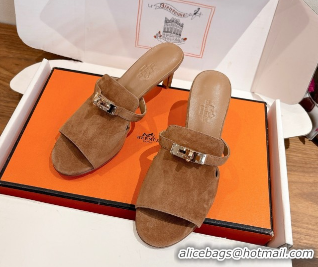 Buy Duplicate Hermes Kelly Strap Medium Heel Slides Sandal in Suede Light Brown HS122201 2026