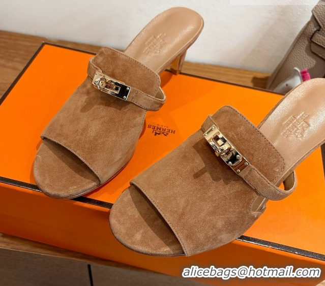 Buy Duplicate Hermes Kelly Strap Medium Heel Slides Sandal in Suede Light Brown HS122201 2026