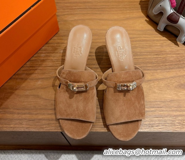 Buy Duplicate Hermes Kelly Strap Medium Heel Slides Sandal in Suede Light Brown HS122201 2026