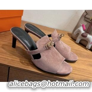 Promotion Hermes Kelly Strap Medium Heel Slides Sandal in Suede Powder Pink HS122201 2026