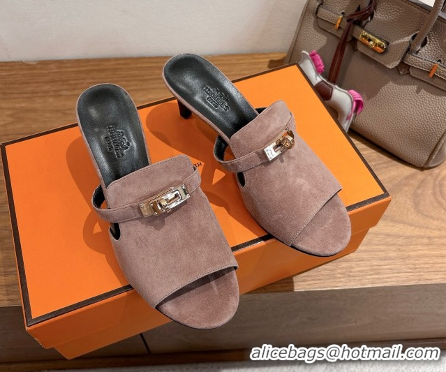 Promotion Hermes Kelly Strap Medium Heel Slides Sandal in Suede Powder Pink HS122201 2026