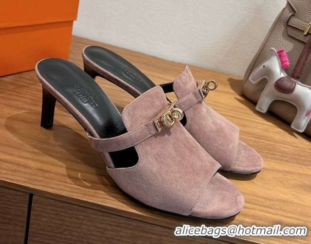 Promotion Hermes Kelly Strap Medium Heel Slides Sandal in Suede Powder Pink HS122201 2026