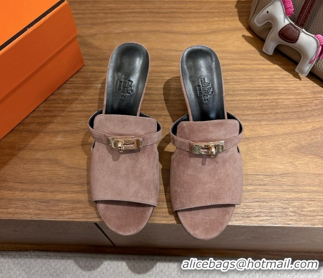 Promotion Hermes Kelly Strap Medium Heel Slides Sandal in Suede Powder Pink HS122201 2026