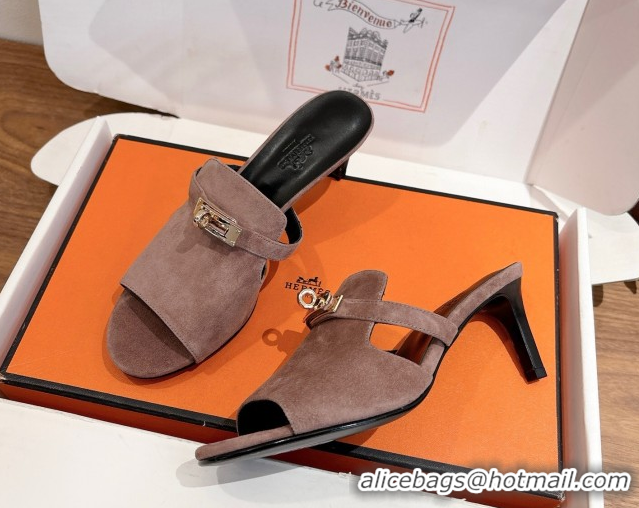 Promotion Hermes Kelly Strap Medium Heel Slides Sandal in Suede Powder Pink HS122201 2026