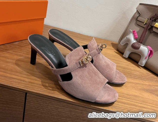 Promotion Hermes Kelly Strap Medium Heel Slides Sandal in Suede Powder Pink HS122201 2026