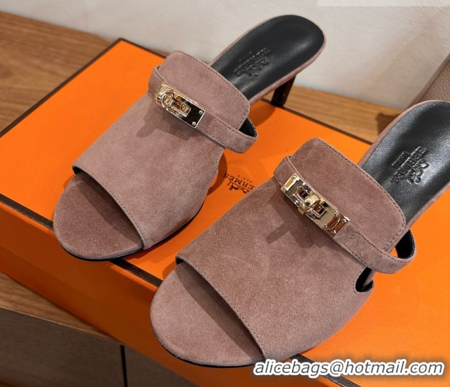 Promotion Hermes Kelly Strap Medium Heel Slides Sandal in Suede Powder Pink HS122201 2026