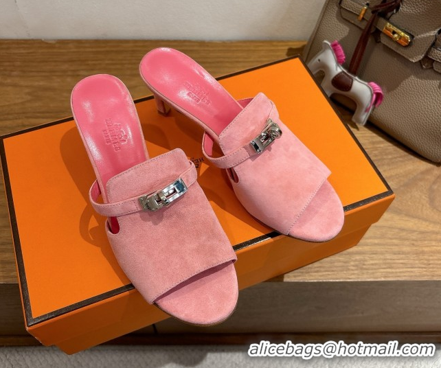 AAAAA Hermes Kelly Strap Medium Heel Slides Sandal in Suede Light Pink HS122201 2026