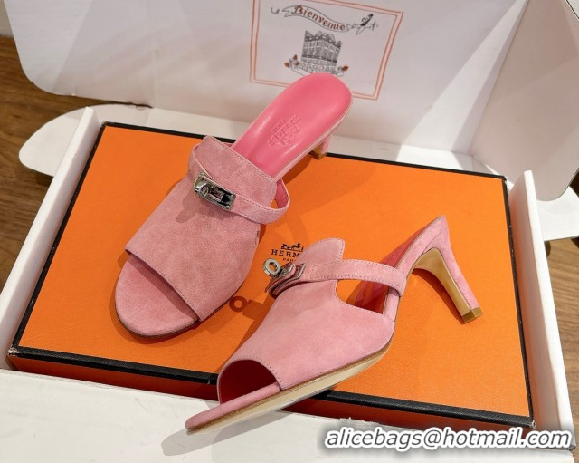 AAAAA Hermes Kelly Strap Medium Heel Slides Sandal in Suede Light Pink HS122201 2026