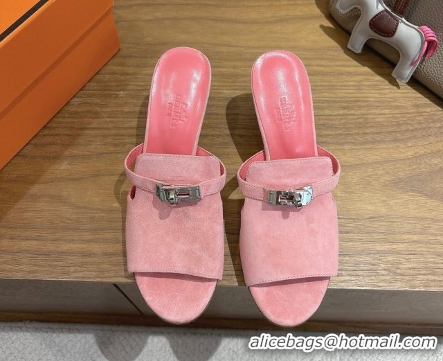 AAAAA Hermes Kelly Strap Medium Heel Slides Sandal in Suede Light Pink HS122201 2026