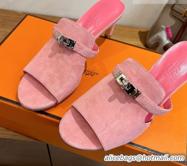 AAAAA Hermes Kelly Strap Medium Heel Slides Sandal in Suede Light Pink HS122201 2026