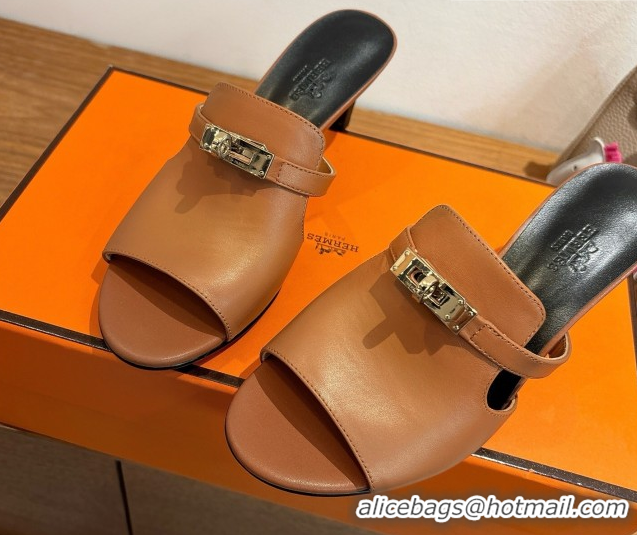 Cheap Design Hermes Kelly Strap Medium Heel Slides Sandal in Calfskin Leather Brown/Black HS122201 2026