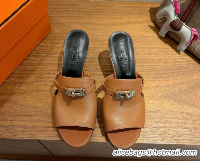 Cheap Design Hermes Kelly Strap Medium Heel Slides Sandal in Calfskin Leather Brown/Black HS122201 2026