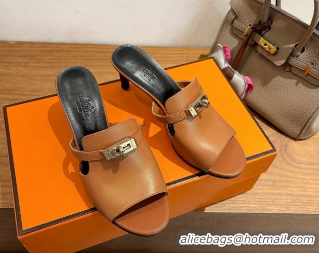 Cheap Design Hermes Kelly Strap Medium Heel Slides Sandal in Calfskin Leather Brown/Black HS122201 2026