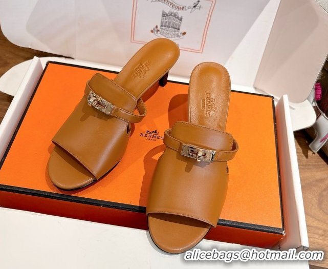 Low Price Hermes Kelly Strap Medium Heel Slides Sandal in Calfskin Leather Brown HS122201 2026
