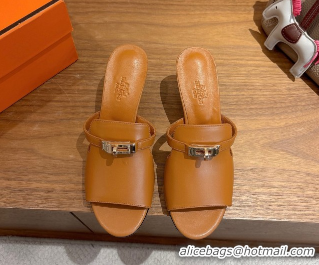 Low Price Hermes Kelly Strap Medium Heel Slides Sandal in Calfskin Leather Brown HS122201 2026