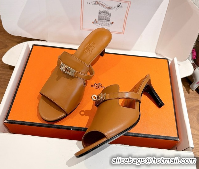 Low Price Hermes Kelly Strap Medium Heel Slides Sandal in Calfskin Leather Brown HS122201 2026