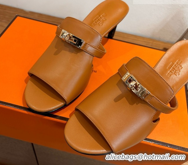 Low Price Hermes Kelly Strap Medium Heel Slides Sandal in Calfskin Leather Brown HS122201 2026