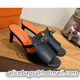 Most Popular Hermes Kelly Strap Medium Heel Slides Sandal in Calfskin Leather Black/Orange HS122201 2026