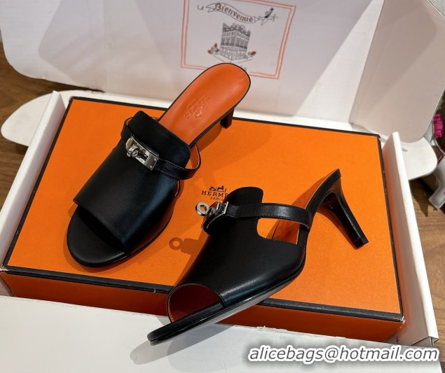 Most Popular Hermes Kelly Strap Medium Heel Slides Sandal in Calfskin Leather Black/Orange HS122201 2026