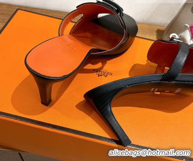 Most Popular Hermes Kelly Strap Medium Heel Slides Sandal in Calfskin Leather Black/Orange HS122201 2026