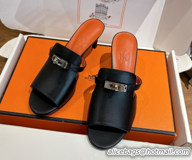 Most Popular Hermes Kelly Strap Medium Heel Slides Sandal in Calfskin Leather Black/Orange HS122201 2026