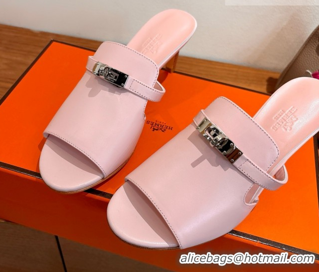 Best Price Hermes Kelly Strap Medium Heel Slides Sandal in Calfskin Leather Light Pink HS122201 2026