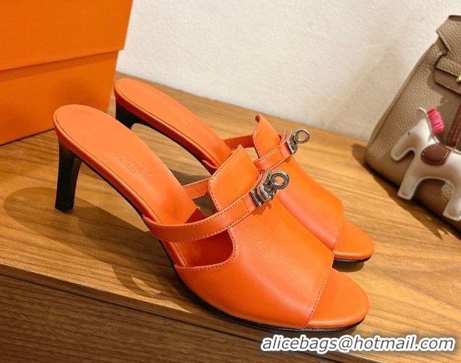 Charming Hermes Kelly Strap Medium Heel Slides Sandal in Calfskin Leather HS122201 Orange 2026