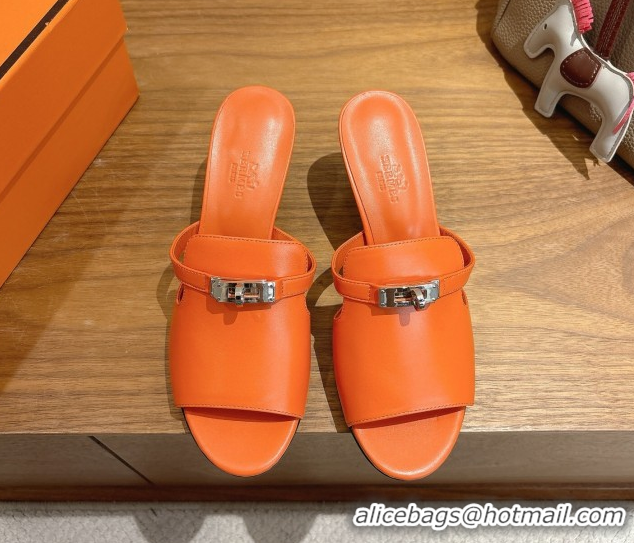 Charming Hermes Kelly Strap Medium Heel Slides Sandal in Calfskin Leather HS122201 Orange 2026