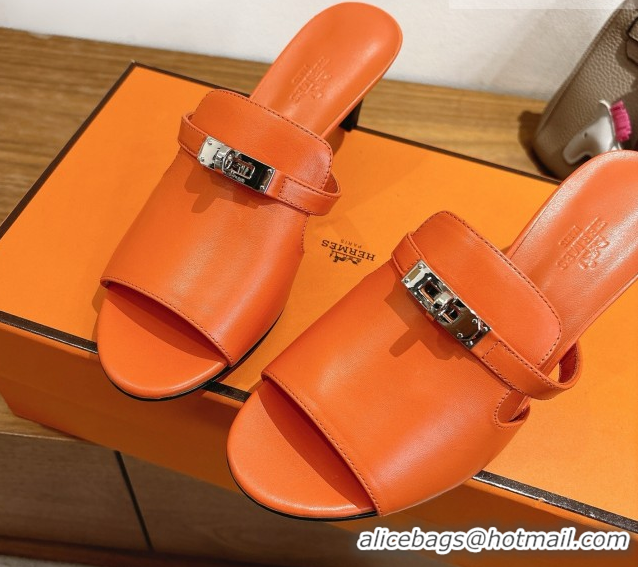 Charming Hermes Kelly Strap Medium Heel Slides Sandal in Calfskin Leather HS122201 Orange 2026