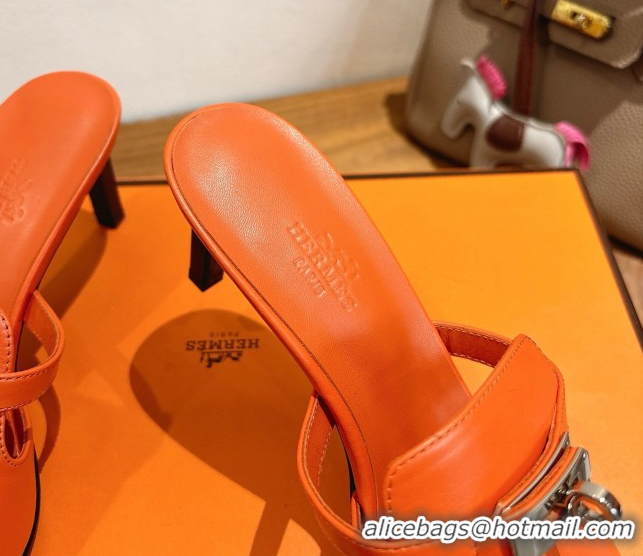 Charming Hermes Kelly Strap Medium Heel Slides Sandal in Calfskin Leather HS122201 Orange 2026