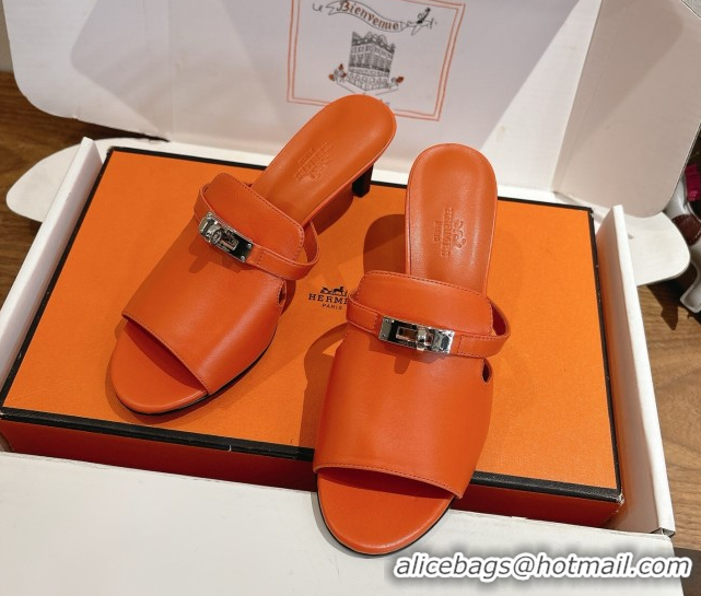 Charming Hermes Kelly Strap Medium Heel Slides Sandal in Calfskin Leather HS122201 Orange 2026