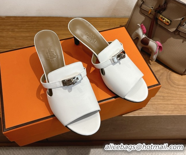 Perfect Hermes Kelly Strap Medium Heel Slides Sandal in Calfskin Leather HS122201 White 2026