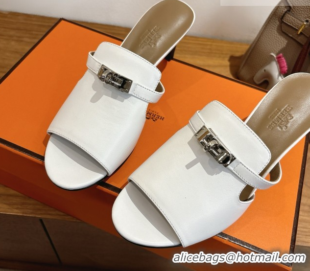Perfect Hermes Kelly Strap Medium Heel Slides Sandal in Calfskin Leather HS122201 White 2026
