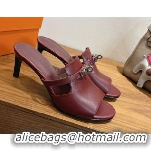 Best Grade Hermes Kelly Strap Medium Heel Slides Sandal in Calfskin Leather HS122201 Dark Burgundy 2026