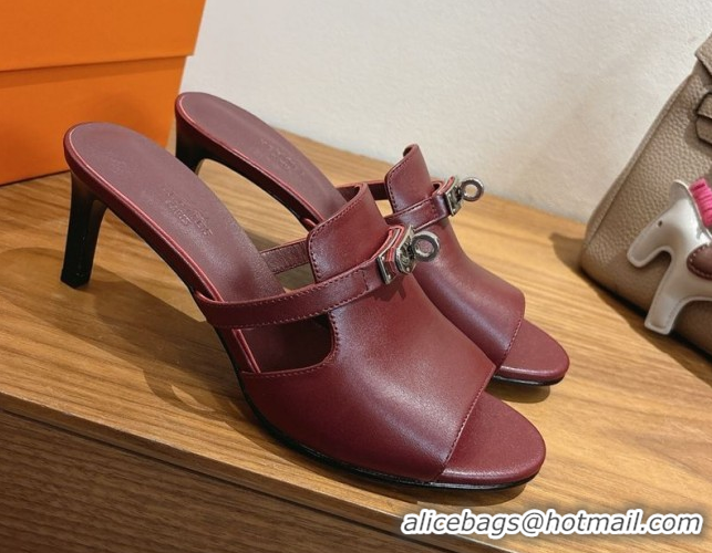 Best Grade Hermes Kelly Strap Medium Heel Slides Sandal in Calfskin Leather HS122201 Dark Burgundy 2026