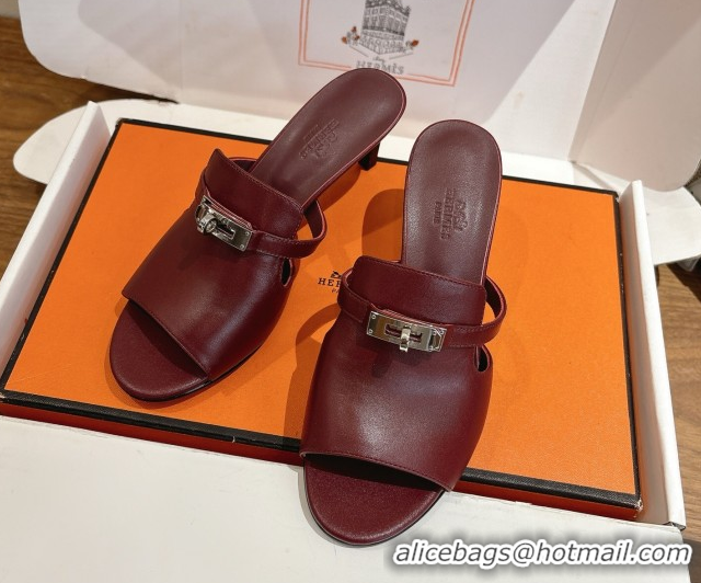 Best Grade Hermes Kelly Strap Medium Heel Slides Sandal in Calfskin Leather HS122201 Dark Burgundy 2026