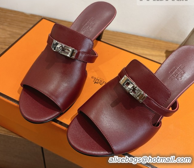 Best Grade Hermes Kelly Strap Medium Heel Slides Sandal in Calfskin Leather HS122201 Dark Burgundy 2026