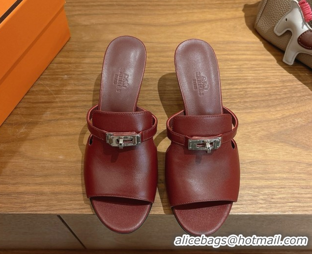 Best Grade Hermes Kelly Strap Medium Heel Slides Sandal in Calfskin Leather HS122201 Dark Burgundy 2026