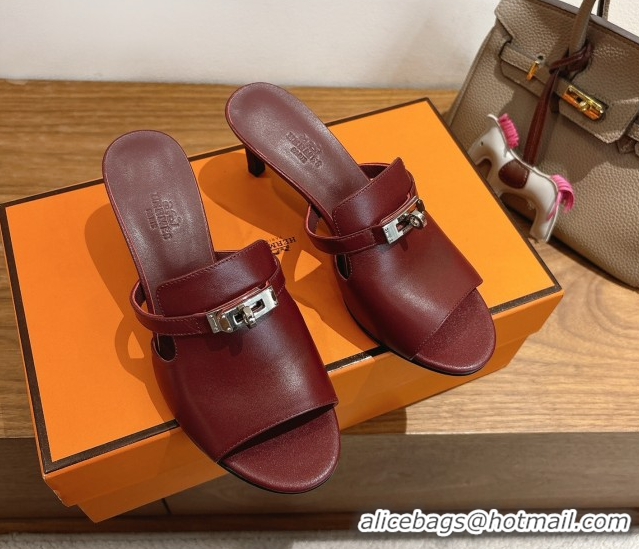 Best Grade Hermes Kelly Strap Medium Heel Slides Sandal in Calfskin Leather HS122201 Dark Burgundy 2026