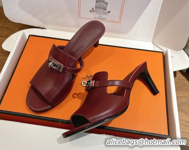 Best Grade Hermes Kelly Strap Medium Heel Slides Sandal in Calfskin Leather HS122201 Dark Burgundy 2026