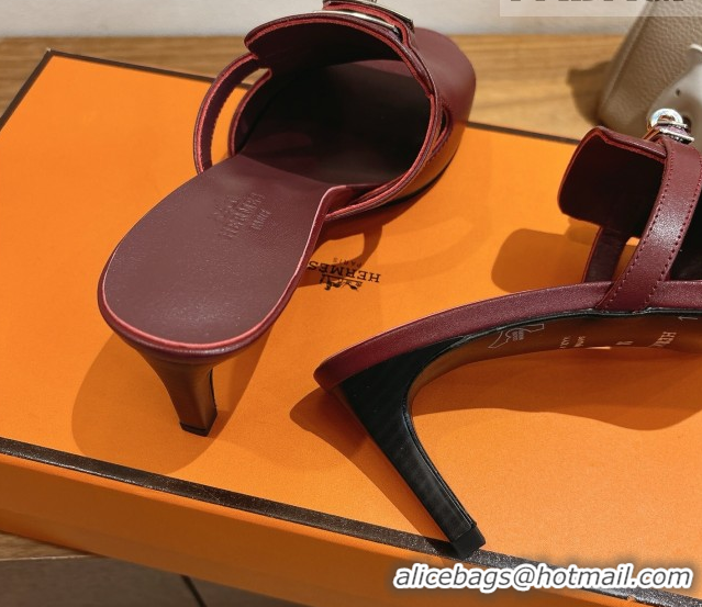Best Grade Hermes Kelly Strap Medium Heel Slides Sandal in Calfskin Leather HS122201 Dark Burgundy 2026