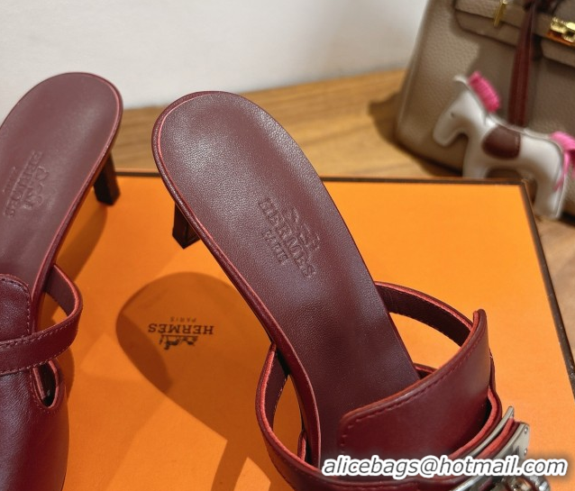 Best Grade Hermes Kelly Strap Medium Heel Slides Sandal in Calfskin Leather HS122201 Dark Burgundy 2026