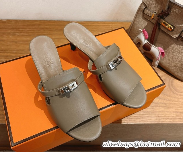 Top Grade Hermes Kelly Strap Medium Heel Slides Sandal in Calfskin Leather HS122201 Grey 2026